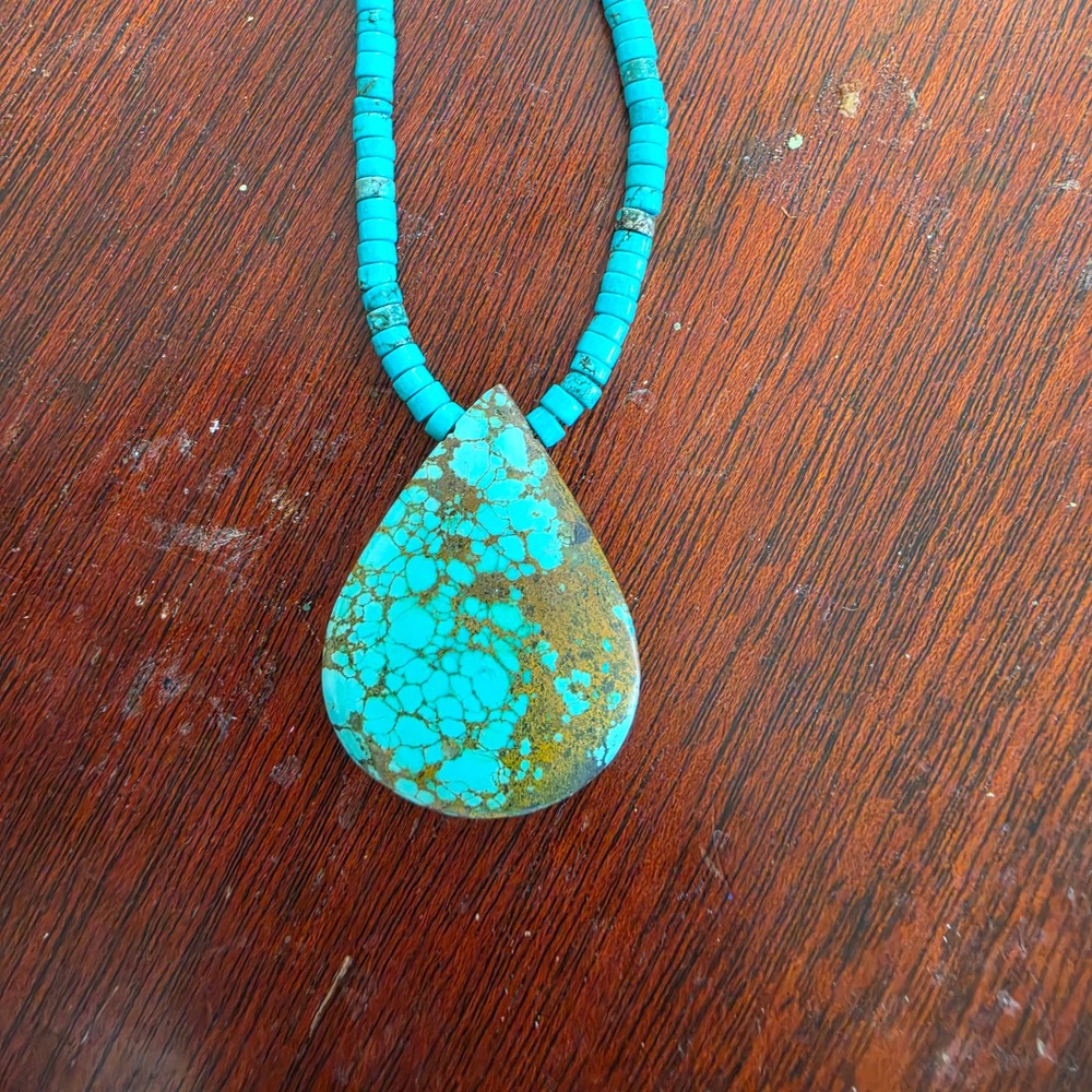 Turquoise Heishi Bead Necklace Sterling Silver 925 Teardrop Pendant Southwestern